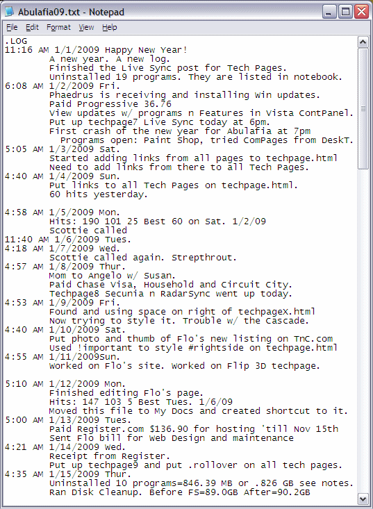 Windows Notepad Calendar Log